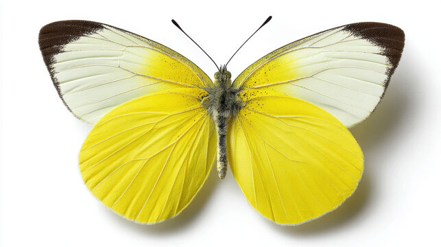 Close-up of a beautiful yellow butterfly with white and brown markings. stunning butterfly showcases vibrant yellow wings with intricate patterns, perfect for nature enthusiasts.