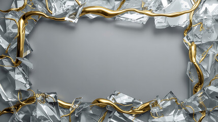 Abstract gold organic shapes and shattered glass frame on gray