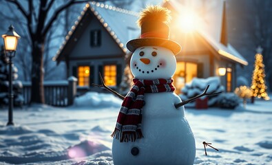 A snowman with a hat and scarf stands in front of a house the scene is set in a snowy landscape with the snowman being the main focus of the image the house in the background adds a sense of warmth ch