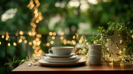 Romantic outdoor table setting with lights, perfect for a cozy evening. This image captures a romantic and inviting atmosphere, ideal for a special celebration or a relaxing night