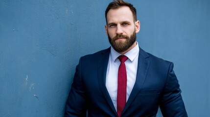 A well-groomed man stands confidently against a vibrant blue wall, dressed in a sharp suit and tie. His expression conveys professionalism and self-assurance, ideal for a business setting