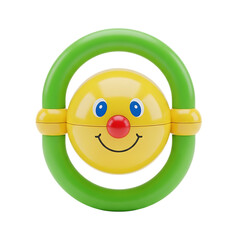 Brightly colored baby rattle with a smiling face