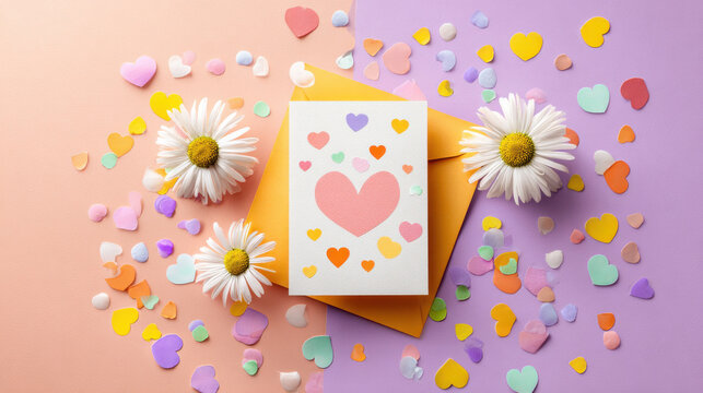 Valentine's Day greeting card with daisies, hearts, and envelope. This romantic composition features a heart-filled card, daisies, and colorful confetti, perfect for expressing love and affection