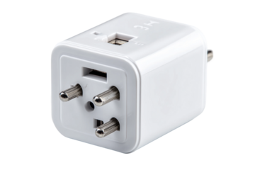Smart travel adapter with USB ports isolated on transparent background