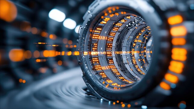 A close-up view of a futuristic, metallic tunnel with glowing orange lights and digital data streams flowing through it. The background is blurred with bokeh li
