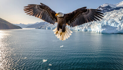 Obraz premium Majestic eagle in flight above glacial waters. Represents freedom, power, the wild. Inspiring for travel, conservation, leadership themes.