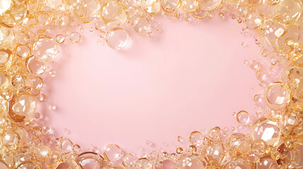 Golden transparent spheres and bubbles frame on pink background