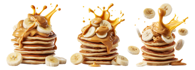 Stack of pancakes topped with banana slices and peanut butter splash isolated on white transparent background