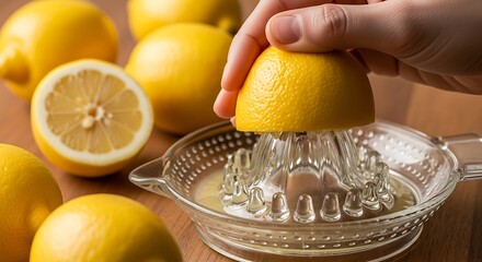 Hand squeezing fresh lemon juice into a glass juicer