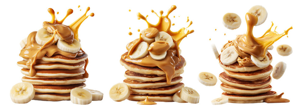 Stack of pancakes topped with banana slices and peanut butter splash isolated on white transparent background - Powered by Adobe