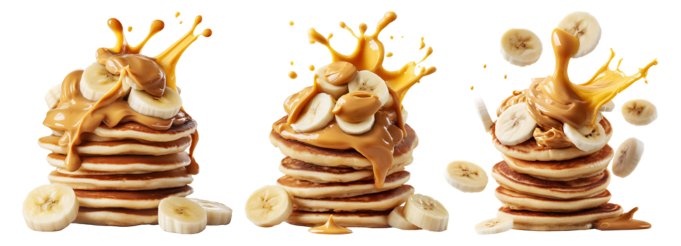 Stack of pancakes topped with banana slices and peanut butter splash isolated on white transparent background