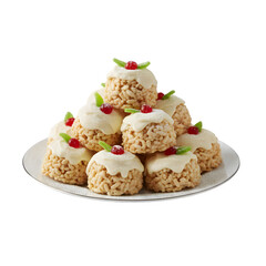 Stack of Mini Rice Krispie Treat Puddings Topped with White Icing and Edible Holly Decorations isolated on a transparent background 