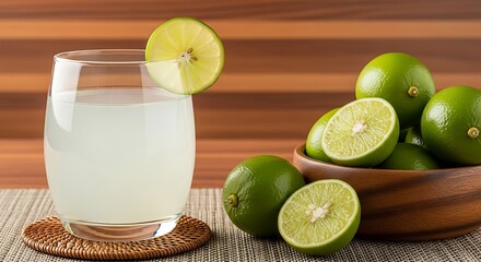 Refreshing glass of lime juice with fresh limes in a bowl