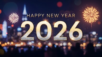 Glittering happy new year 2026 text with vibrant city fireworks