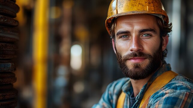 Construction worker in hard hat poses confidently at a building site during daylight hours