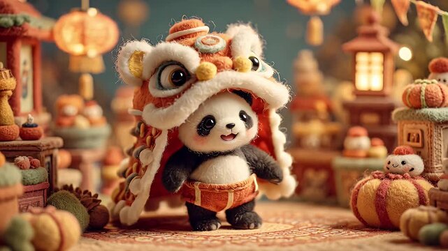 Animated panda in lion dance costume festive decorations
