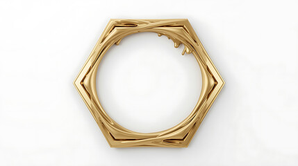 Golden hexagonal ornate frame with liquid texture on white backdrop