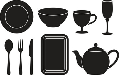 Silhouette Kitchenware and Tableware Icons Set. Plates, Glasses, Cups, Teapot, Utensils Vector Illustration