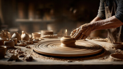 Potter shaping clay on a spinning wheel in a pottery studio. A skilled artisan molds wet clay on a pottery wheel, creating a unique piece of art