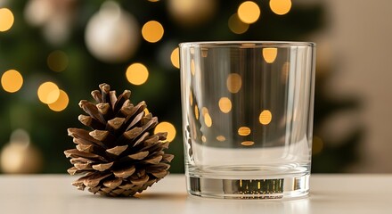 Pinecone and empty glass with christmas tree bokeh lights