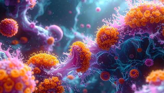 Microscopic view of intricate viral structures with vibrant colors