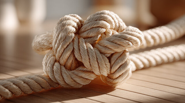 Close-up of a decorative nautical knot tied with thick rope on wooden surface. This detailed shot showcases the intricate craftsmanship of a decorative knot, perfect for nautical or craft projects