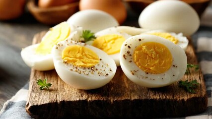 Close-up of halved, hard-boiled eggs seasoned with pepper, arranged on a wooden cutting board - Powered by Adobe