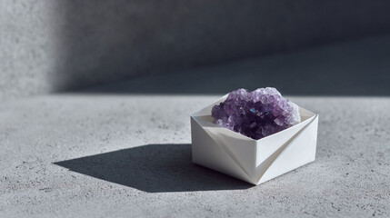 Elegant amethyst in a white paper box on a textured surface. Evokes purity, calmness, and sophistication. Ideal for wellness, spirituality, or design projects.