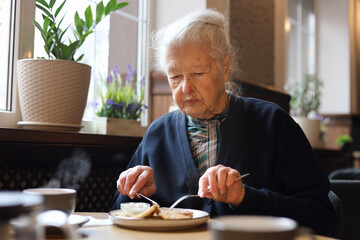 Portrait of a 90-year-old grey haired senior lady dining in a restaurant. Soup, main course, tea. Conversation.
