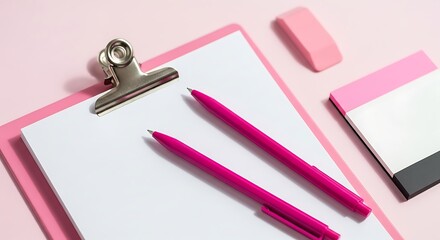 Pink clipboard with pens and erasers on a light pink background