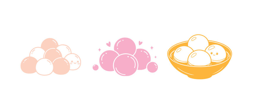 Vector graphic representation of adorable doodle-style Asian food tang yuan suitable for printing, design, greeting cards, stickers, and icons.
