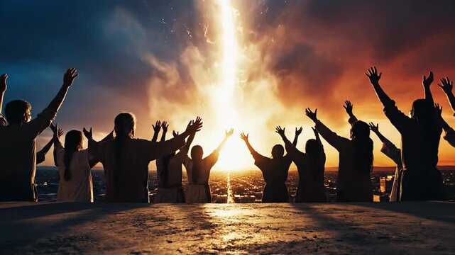 Group of people raising hands towards bright light from sky spiritual awakening worship hope energy divine power mass gathering celebration
