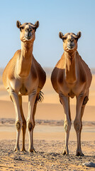 Line of camels gracefully walking on a sandy desert during a stunning sunset vertical 