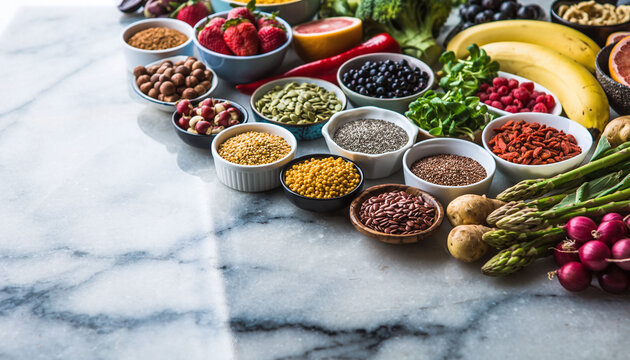 Vibrant arrangement of fresh produce, nuts, seeds, and superfoods on a marble surface. Concept of healthy eating, vegan lifestyle, and balanced diet. Promotes wellness.