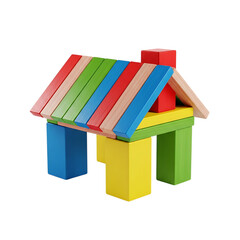 Colorful wooden toy house blocks on a black background