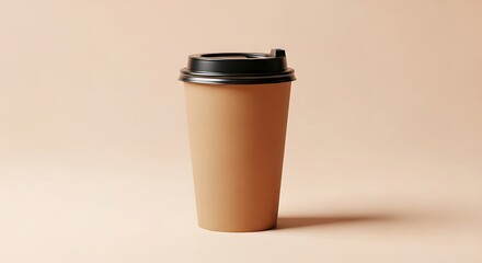 Tall brown paper coffee cup with black lid on a light background