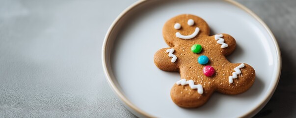 Gingerbread man with icing and chocolate buttons on white plate