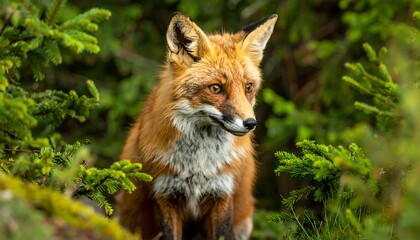 Fototapeta premium A red fox is nestled among green pine branches, looking off to the right with bright amber eyes