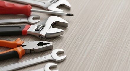 Assortment of metal tools lying on a wooden surface