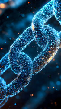 A singular broken chain link - illuminated amidst a matrix of interconnected nodes vertical - blue background