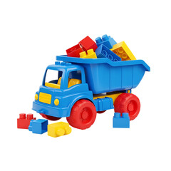 Blue toy dump truck filled with colorful building blocks