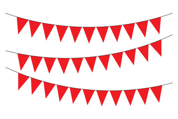 Obraz premium Bunting flag decoration party hanging on rope. Red triangle flags. Red triangle flags hanging on white background. Christmas or birthday, Party decoration. 