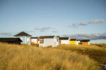 colorful beach huts in tall coastal grass on the Baltic Sea coast