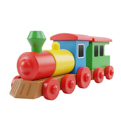 Colorful wooden toy train with red wheels and green smoke stack