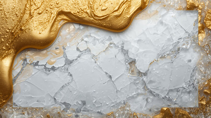 Abstract gold liquid flowing over fractured white ice texture art.