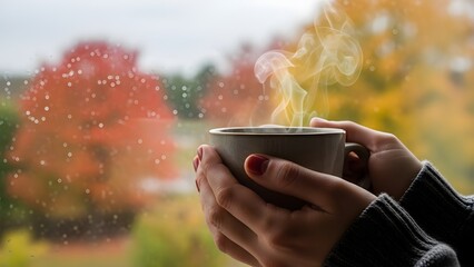 Hands holding a warm drink near window with blurred autumn view outside, soft natural ambient lighting creating cozy mood. 