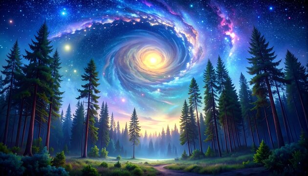 A forest scene under a swirling, colorful, starlit sky, with a light burst visible - Powered by Adobe