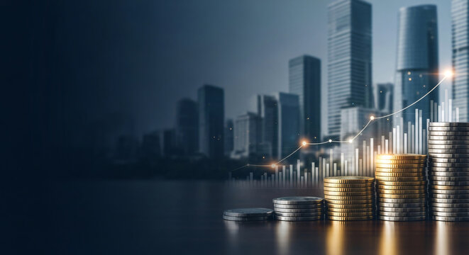 Financial Success Concept Stacks of Coins Growth Chart City Background Blank Copy Space for Text