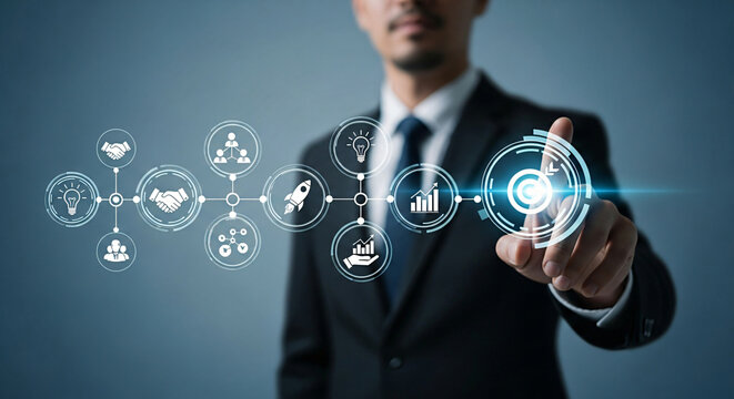 Man Touching Digital Interface for Business Strategy and Innovation