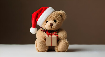 Fototapeta premium Teddy bear wearing santa hat holding christmas gift sits on white surface against brown backdrop, creating a festive and heartwarming holiday scene.